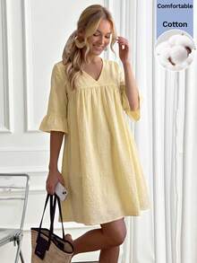 Easowa Women's V-Neck Pleated Casual Cute Elegant Sexy Everyday Dress Vacation Pastal Autumn Cotton Comfortable Beach Garden Party Brunch Golf Light Yellow - Light Yellow - View 3