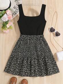 SHEIN 少女黑色碎花针织拼接A字休闲度假连衣裙 - 黑色 - 查看 1