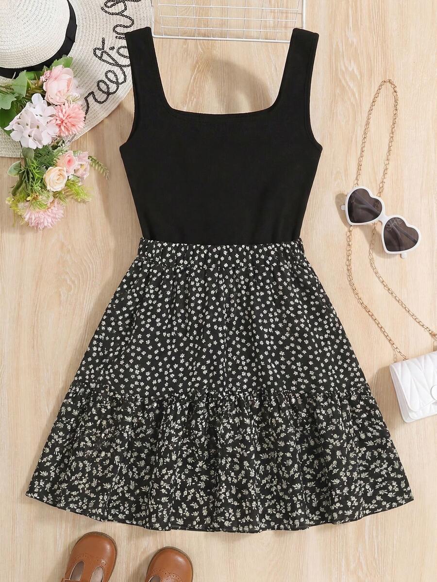 SHEIN 少女黑色碎花针织拼接A字休闲度假连衣裙 - 黑色 - 查看 1