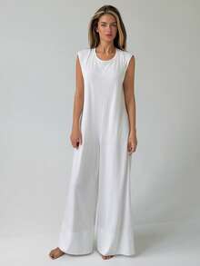 Livesso Women's Solid Color Casual Daily Home Wear Jumpsuit Wide Leg Pants Pajamas - White - View 6