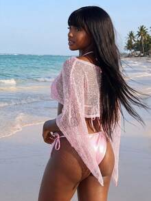 Amplova 3pcs Women's Swimwear Set: Floral Pink Tropical Asymmetric-Shoulder Bikini Top, Matching Cover-Up, Cute Mini Vacation Beach Summer - Pink - View 2