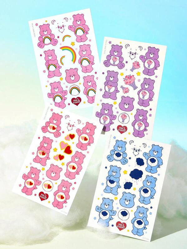 SHEIN X Care Bears Cartoon Bear Temporary Tattoos, 4 Sheets Waterproof Cute Bear Themed Tattoo Stickers With Heart, Rainbow & Cloud Prints, Ideal Party Favors & Birthday Gifts