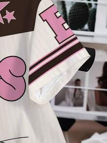 LOONEY TUNES X SHEIN 女款圓領拼色字母卡通印花休閒日常夏季T恤 - 白色 - 查看 4