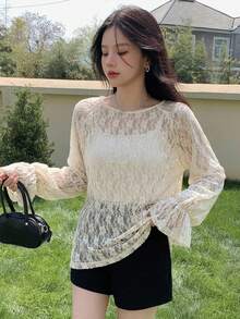FRIFUL Women's Apricot Loose Sheer Cover Up, Lace Camisole With Bell Sleeve, Spring/Summer,Ruffle Long Sleeve Women Tops - Apricot - View 11
