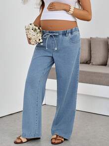SHEIN Maternity Casual Low Waist Straight Leg Jeans Summer Fall Festival Going Out Graduation Casual Back To School Basic Blue Business - Blue - View 6