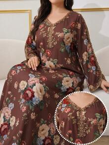 Al Najma 大尺碼女款花卉圖案貼花裝飾長袖阿拉伯風洋裝 - 棕色 - 查看 1