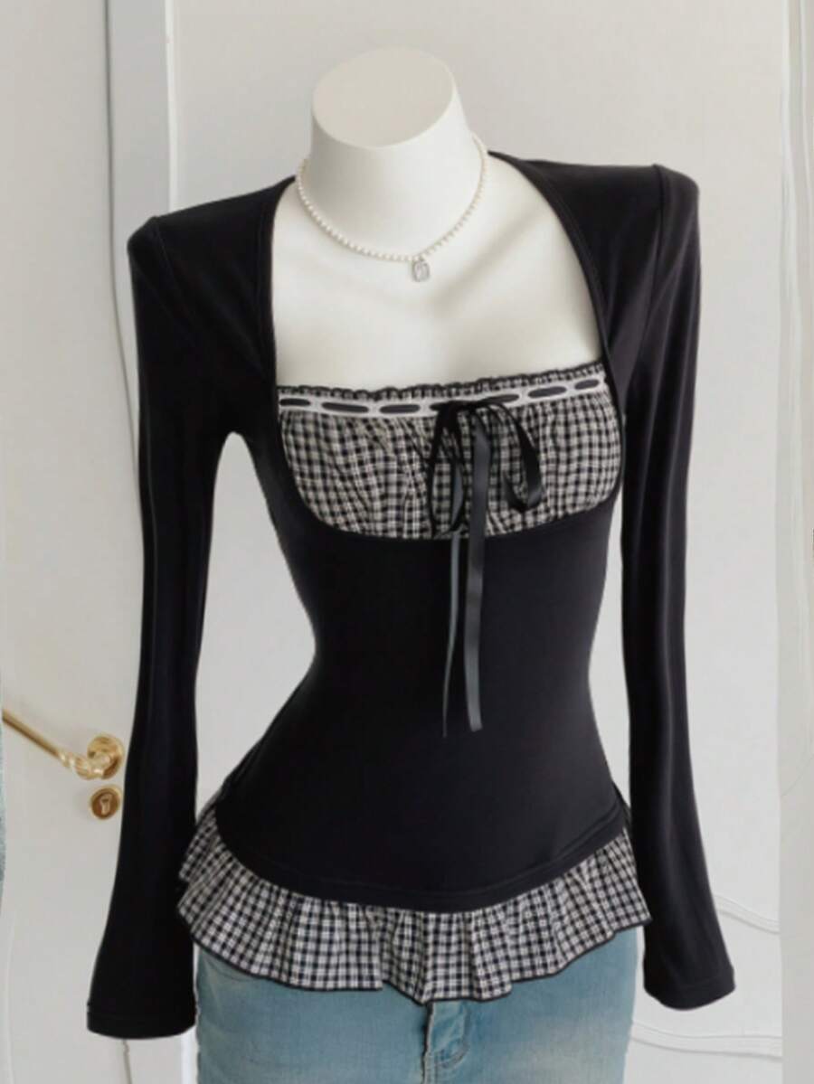 Attitoon Casual Minimalist Daily Versatile Vintage Party Gathering Airport Outfit Y2K Tops, Black And White Plaid Bow Patchwork Slim Fit Waist, Women's Summer Outfit, Dating, Afternoon Tea, Vacation, Street, Outing, Women's Blouse - Black - View 1