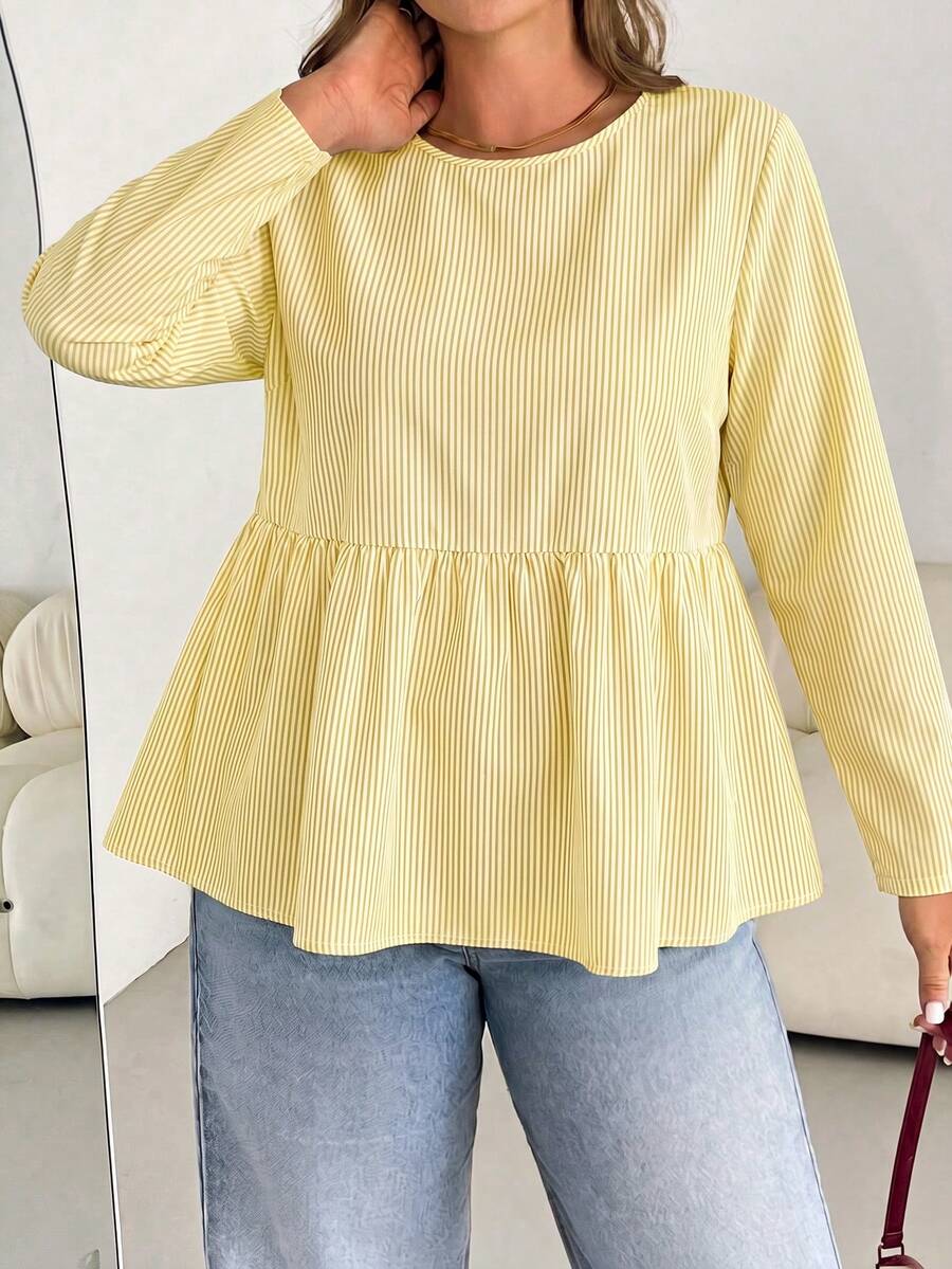 SHEIN LUNE Kemeja Wanita Musim Gugur/Dingin Terbaru Terlaris Motif Garis-garis Kasual Serbaguna Lengan Panjang Leher Bulat Ukuran Besar - MultiWarna - View 1