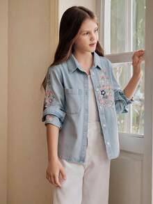 Anewsta New Girls' Luxurious Heavy Embroidery Casual Vacation Blue Shirt, Summer Promotion - Blue - View 4