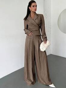 Firerie 女款休閒優雅寬腿褲與長袖西裝外套套裝，摩卡棕仿亞麻百褶褲，適合辦公商務、秋季新年穿著 - 咖啡棕 - 查看 4