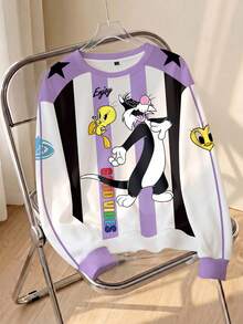 LOONEY TUNES X SHEIN Sudadera de manga larga con cuello redondo, estampado de bloques de color a rayas y patrón de dibujos animados para mujer - Blanco - Ver 1