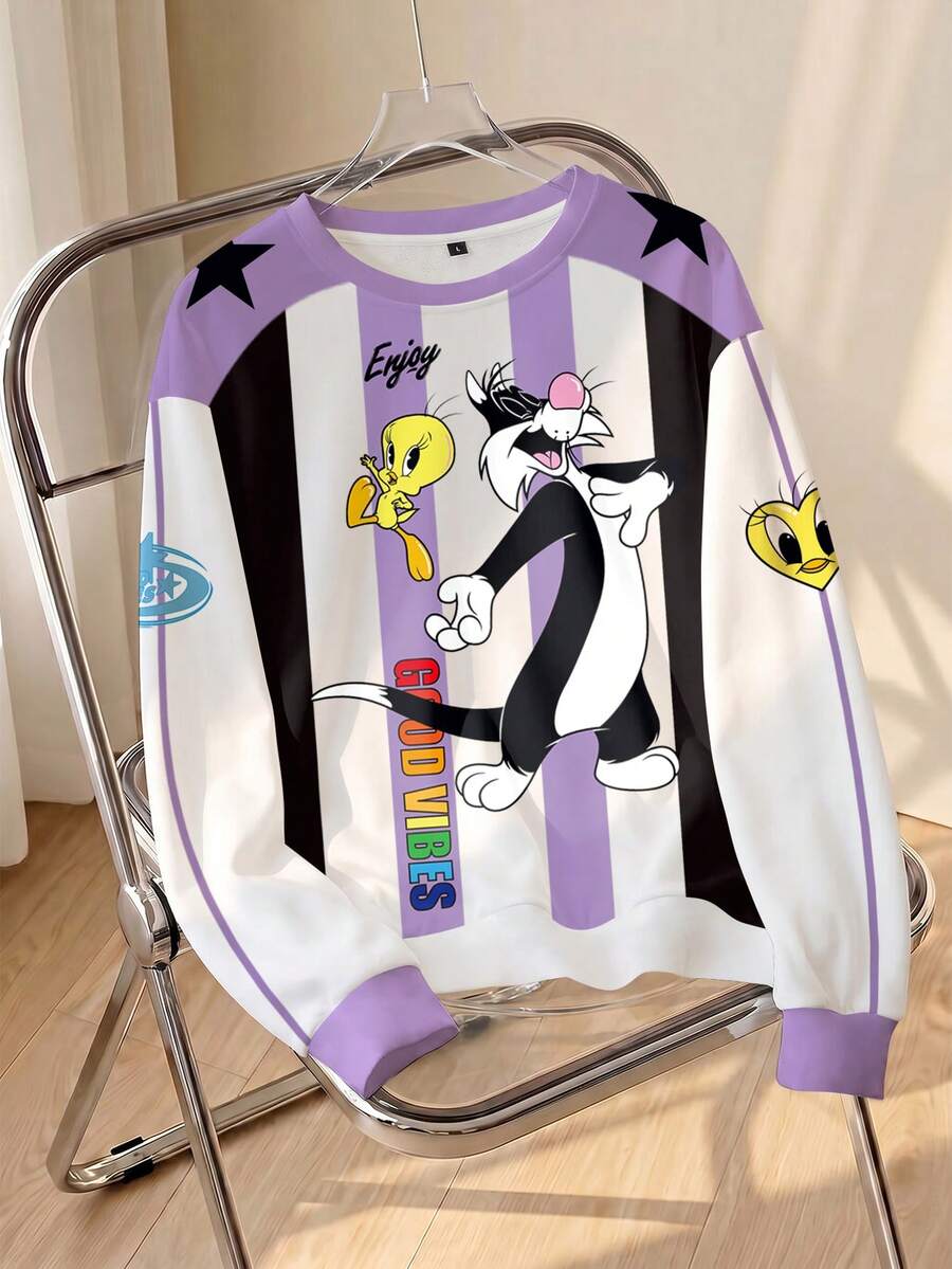 LOONEY TUNES X SHEIN Sudadera de manga larga con cuello redondo, estampado de bloques de color a rayas y patrón de dibujos animados para mujer - Blanco - Ver 1