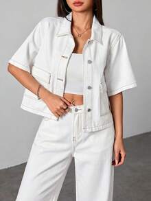 SHEIN 青少年女孩短袖單排扣休閒牛仔夾克 - 白色 - 查看 3