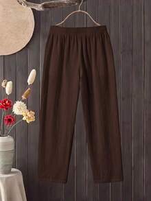 Rusticease Women's Solid Color Textured Casual Pocket Long Pants For Daily Wear - Brown - View 2