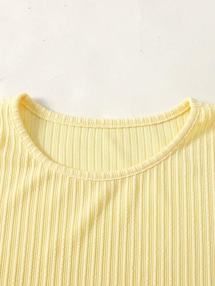 SHEIN Tween Girl 2-Piece Set Casual Round Neck Knit Jacquard Striped Top With Colorblock Y2K Pink And Yellow Waistband Straight Leg Wide Leg Knit Pants Outfit Tween Girl Set - Multicolor - View 6