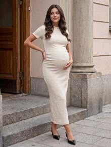 MaterniWear Women's Summer Maternity Casual Beige Short-Sleeve Slim-Fit Jacquard Knit Dress - Apricot - View 4