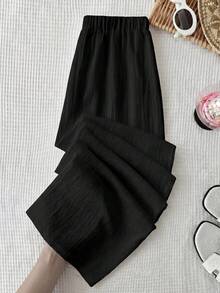 SHEIN Teen Girls Casual Vacation Black Woven Textured Bow Decor Loose Wide Leg Long Pants - Black - View 7