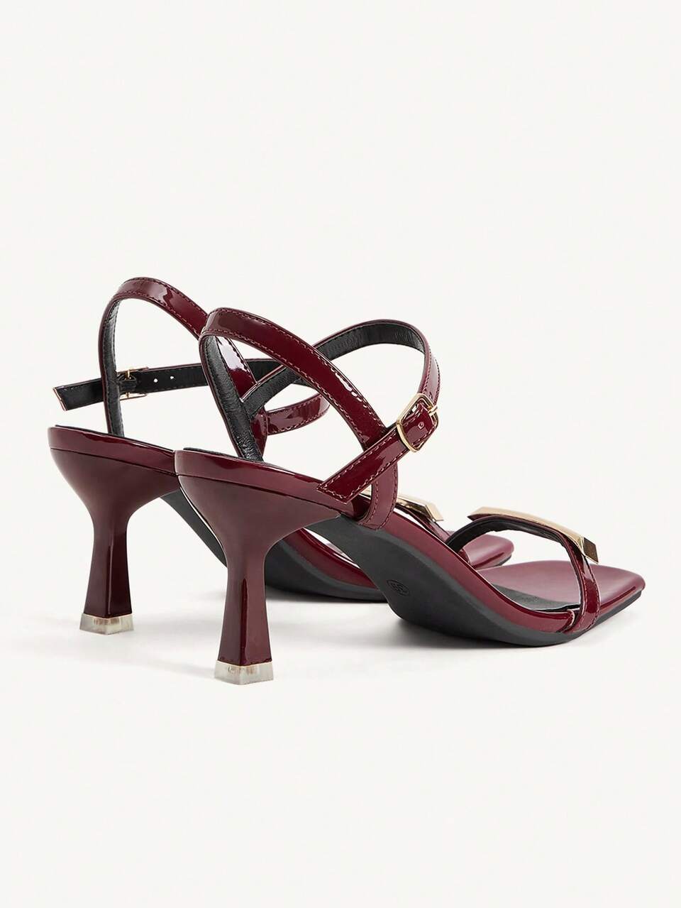 CUCCOO CHICEST Women's Shoes Summer New Metal Strap Square Open-Toed Square Toe Stiletto Heel Fashion Commuter Burgundy PU Leather High Heels Sandals Dating Outdoor
