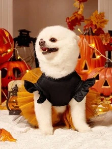 1pc Cat & Dog Universal Cartoon Expression Print Orange Fluffy Tulle Dress, Lovely Halloween Pet Dress, For Halloween Party, PETSIN Original Design - Multicolor - View 6