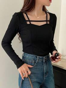 FRIFUL Women's Solid Color Sweetheart Neck Puff Sleeve Fashionable T-Shirt Long Sleeve Top - Black - View 16