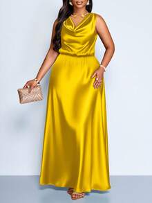 SOLERSUN Vestido de fiesta elegante para mujer de talla grande, adecuado para ocasiones importantes como fiestas de cumpleaños, temporada de graduación, té de la tarde, Acción de Gracias y temporada de bodas. Incluye escote drapeado, diseño sin mangas, cintura alta, silueta en A y largo extra largo. Hecho de material de satén/similar a la seda, perfecto para el verano. - Mostaza Amarilla - Ver 2