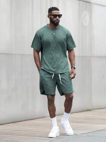 thenoahjr thenoahjr 2-Pieces Men's Geometric Print Round Neck Short Sleeve T-Shirt And Drawstring Waist Shorts Set, Casual Men Two Pieces Casual Short Sets Men 2 Pieces Outfits Men's Co Ord Set Short Men Summer Sweatsuit,Fall Clothes Fleece - Dark Green - View 6