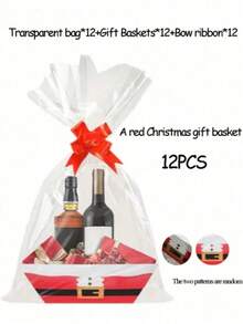 6/12 Piece Gift Basket Set, Multiple Colors Available,Christmas Hollow Gift Baskets, Including Bows, Plastic Bags, And Kraft Paper Market Tray Cardboard Baskets For DIY  Holiday Gift Wrapping, Shelf-Style Gift Baskets, Suitable For Halloween - Multicolor - View 24