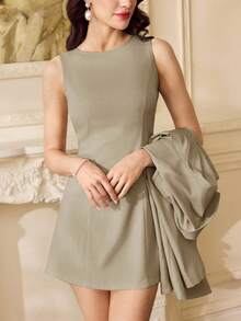 Vintamour Setelan Jas Wanita Elegan untuk Perjalanan Sehari-hari, Warna Polos - Khaki - View 2