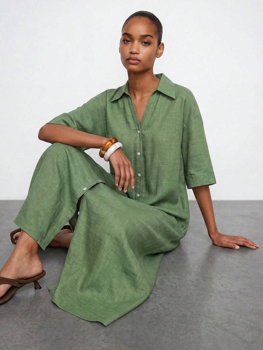 Maija Women's Solid Color Minimalist Casual Long Dress,Going Out Ouutfits - Green - View 1