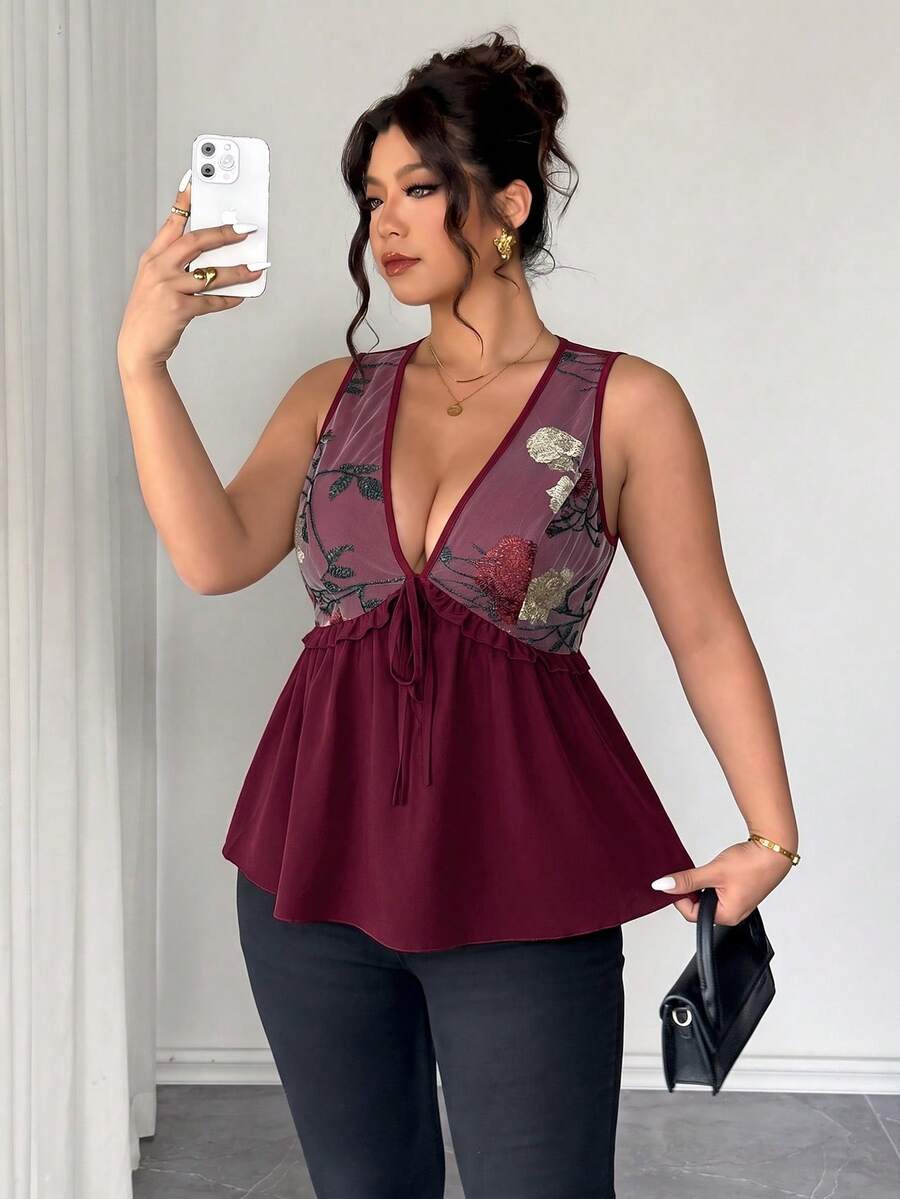 Elenzga Plus Size Women's Elegant Embroidered Floral Mesh Camisole With ...