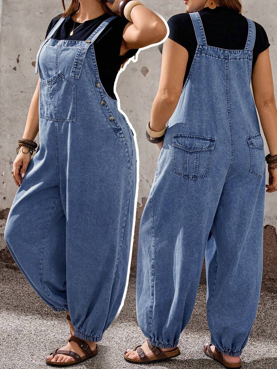 EMERY ROSE EMERY ROSE Plus Size Women'S Pocket Design Wide Leg Loose Casual Denim Overalls Vacation Outfits - Medium Wash - View 1