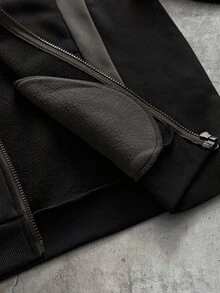 AXEPEAK 休閒極簡學院風運動賽車配色拼接帥氣百搭開襟運動衫 - 黑色 - 查看 6