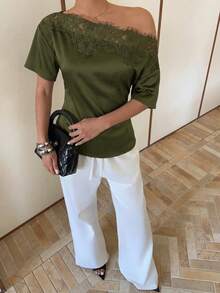 Siren Gaze 女款不對稱領口蕾絲拼接緞面上衣 橄欖綠 夏季 性感優雅 夜生活早午餐外出聚會約會穿搭 - 橄欖綠 - 查看 3