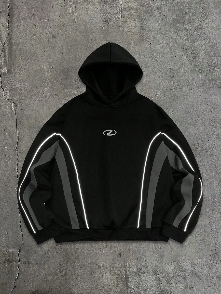 AXEPEAK Casual Sports College Street Racing Colorblock Split Patchwork Long Sleeve Hoodie - Black - View 1