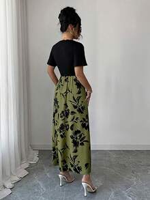 Selianne 女款春夏優雅成熟精緻迷人花卉印花短袖洋裝 晚餐酒吧派對穿搭 黑色格紋 - 軍綠色 - 查看 2
