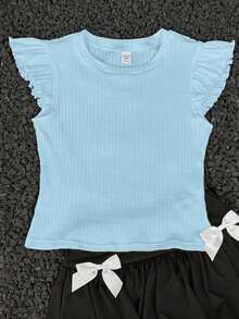Coolane Kids Tween女孩夏季街頭風度假荷葉邊純白色T恤 - 淺藍色 - 查看 5