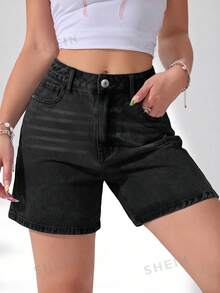 SHEIN ICON 女士休闲日常通勤水洗牛仔短裤，夏季 - 黑色 - 查看 4