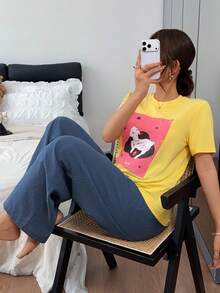 DAZY Women's Cartoon Print Top & Plaid Pants Pajama Set Summer - Yellow - View 7