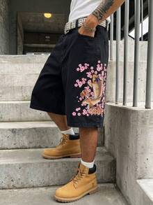 Manfinity EMRG Men's Casual Street Style Embroidered Black Denim Shorts - Black - View 3