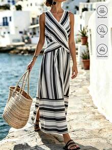 SHEIN Holidaya Women's Casual Coastal Vacation Striped Dress, Summer Versatile, Hem Slit, Textured Fabric Print, Daily, Christmas New Year Outfit, Beach Outfit - Multicolor - View 5