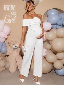 Loomaby Elegant Solid Color Knot Jumpsuit For Pregnant Women Party Dress Gender Reveal Dress Maternity Dress Baby Shower Dress - Apricot - View 6