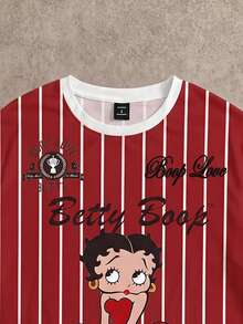 Betty Boop x SHEIN SHEIN EZwear 休閒圓領短袖寬鬆女款T恤 紅白條紋印花街頭風 日常外出夏季穿搭 - 彩色 - 查看 8