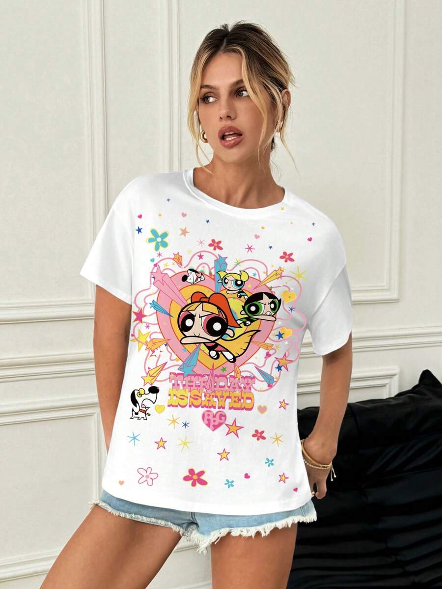THE POWERPUFF GIRLS X SHEIN 女款夏季休閒卡通印花T恤 - 白色 - 查看 1