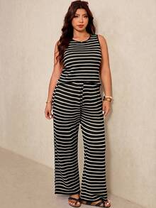Elaquor Plus Size Women's Round Neck Striped Colorblock Top And Wide Leg Pants Casual Daily 2-Piece Set - Black and White - View 5