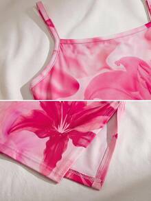 SHEIN 女童夏季海灘度假修身休閒舒適花卉印花細肩帶洋裝 柔軟舒適 波西米亞風 嬰兒粉 - 玫紅色 - 查看 8