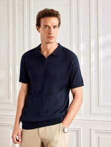 Officeau Men's Ribbed Airplane Collar Polo Knit Shirt, Short Sleeve, Summer Fashion - Navy Blue - View 7