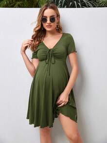 SHEIN Vestido casual de maternidad de unicolor plisado para uso diario - Verde militar - Ver 3
