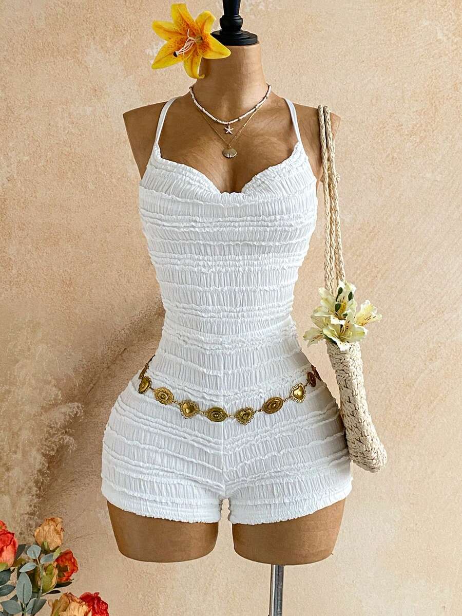 Soleia Women's Solid Color Casual Sexy Daily Wear Beach Vacation Camisole Romper White Summer - Multicolor - View 1