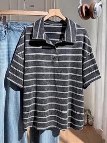 Comfortcana 大尺碼女款條紋水洗 Polo 領 T 恤，適合休閒穿著 - 黑色 - 查看 1