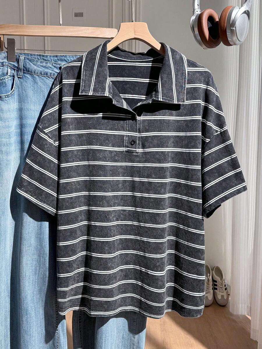 Comfortcana 大尺碼女款條紋水洗 Polo 領 T 恤,適合休閒穿著 - 黑色 - 查看 1
